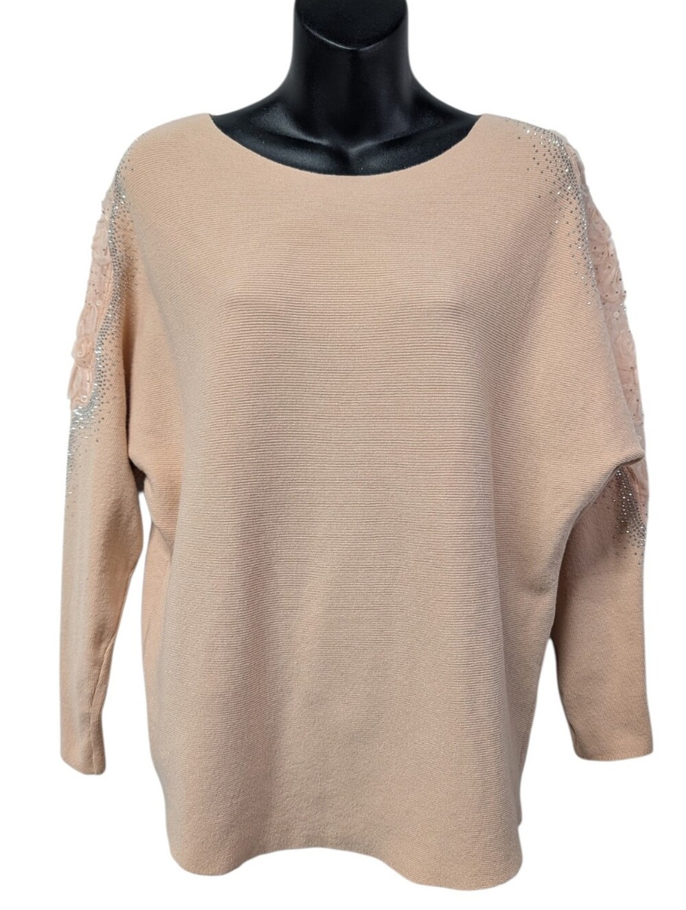 LIV Milano Womens Pale Pink Solid Knit Boat Neck Pullover Lace Rhinestone Size L